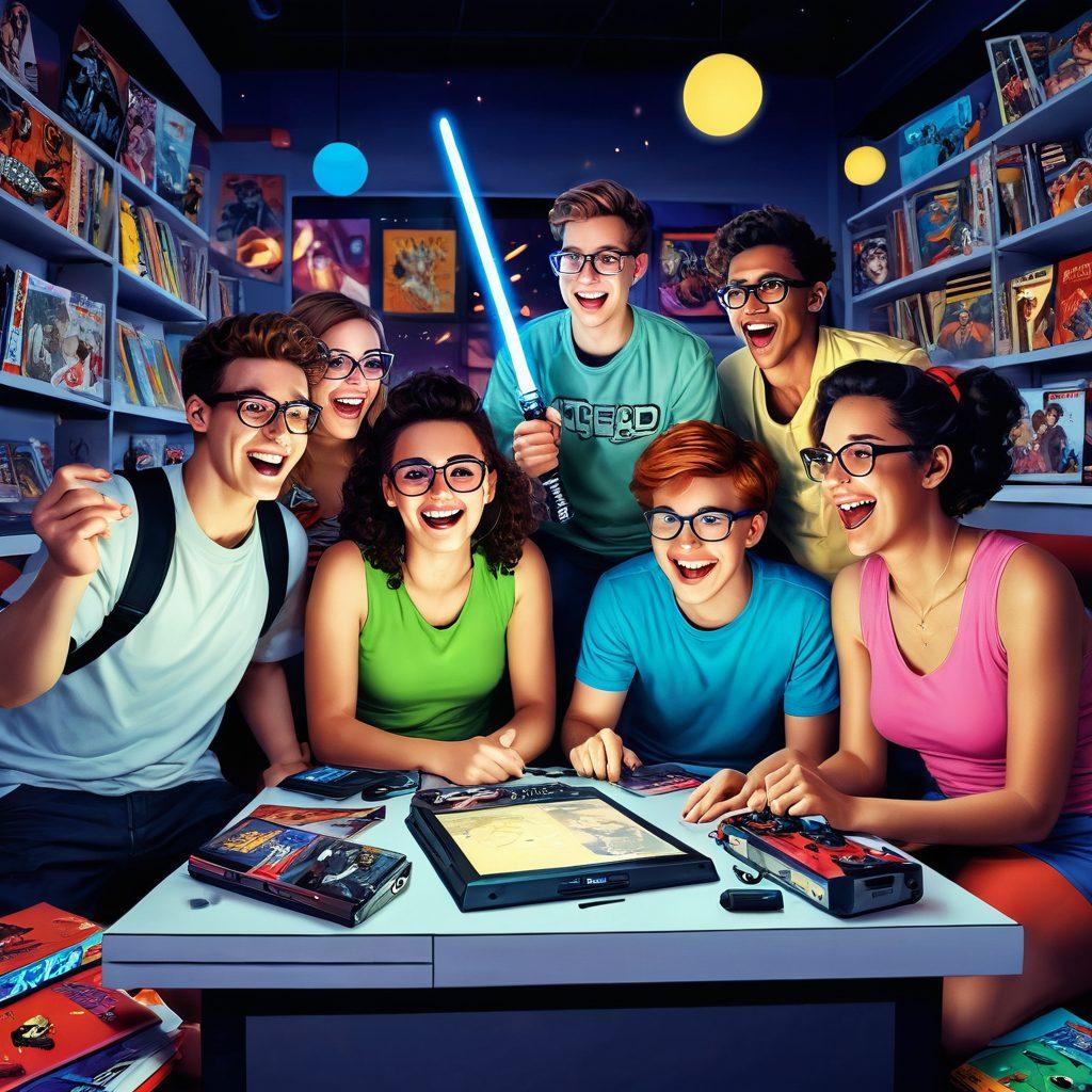 A whimsical scene depicting a group of diverse friends sharing a hearty laugh over a comic book and video games, surrounded by playful references to classic nerd culture such as light sabers, retro consoles, and quirky costumes. The background is filled with bright, energetic colors, and elements like speech bubbles illustrating nerdy jokes hovering around them. The atmosphere is lively and fun, embodying the joy of nerdy humor in everyday life. cartoon style. vibrant colors.