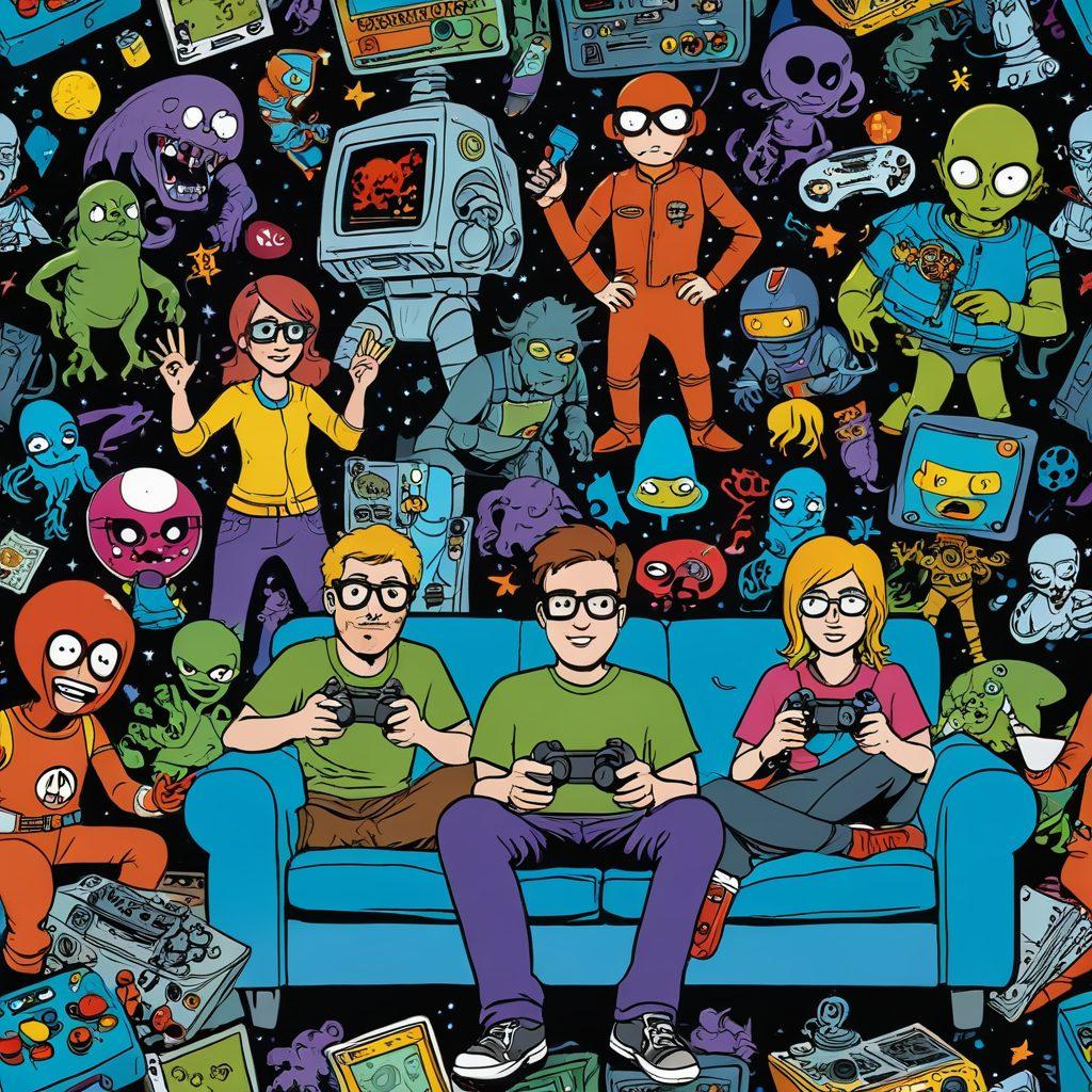 A vibrant comic strip scene bursting with colorful characters engaged in witty banter, showcasing various geeky themes like gaming, sci-fi, and fantasy. Incorporate exaggerated facial expressions for comedic effect, and background elements like oversized video game controllers and whimsical aliens. The overall atmosphere should feel light-hearted and fun, inviting readers to dive into the humorous world of geek comedy. cartoon style. vibrant colors.