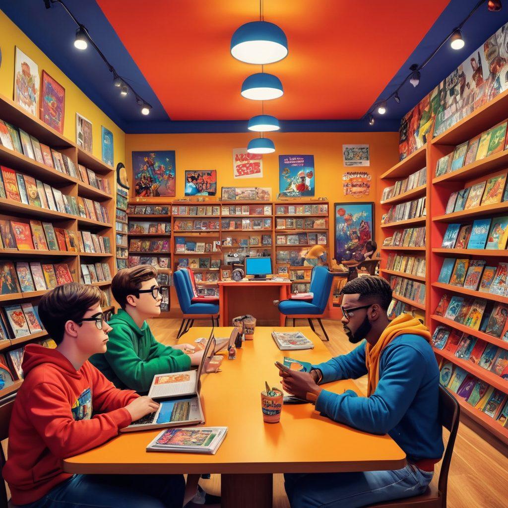 A whimsical scene featuring a group of animated cartoon characters engaged in nerdy activities, such as playing video games, reading comic books, and debating sci-fi movies, surrounded by humorous speech bubbles filled with witty one-liners and playful puns. The backdrop is a vibrant comic book store with colorful posters and shelves filled with action figures. The characters are diverse, showcasing different geeky archetypes, bringing lively energy to the image. cartoon style. vibrant colors. dynamic composition.